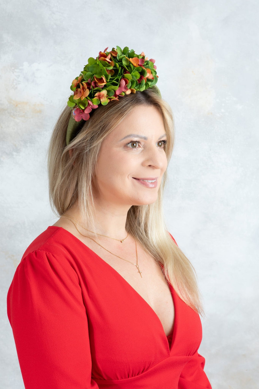 bottle green and orange padded headband fascinator - OlhaHeadband