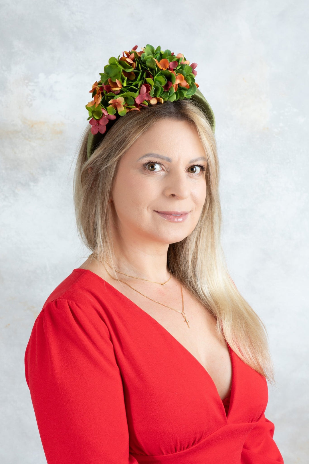 bottle green and orange padded headband fascinator - OlhaHeadband