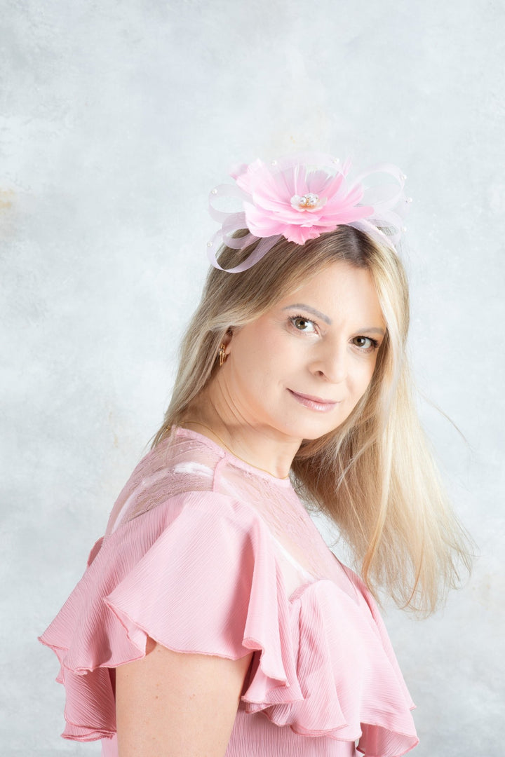 bow pink fascinator with beads - OlhaHeadband