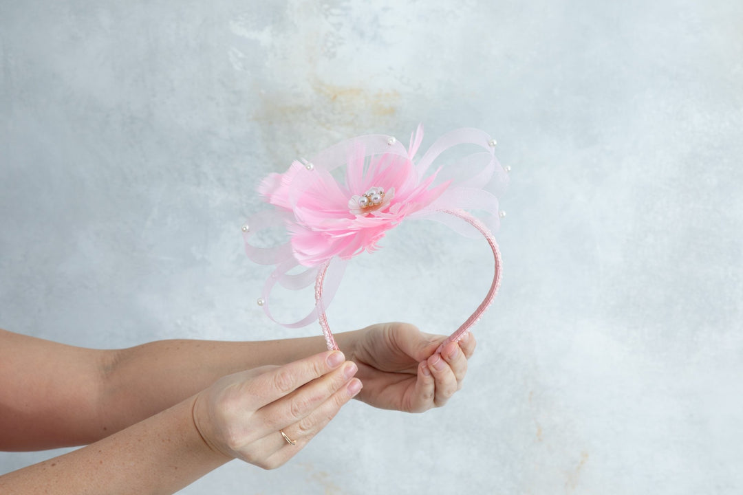 bow pink fascinator with beads - OlhaHeadband