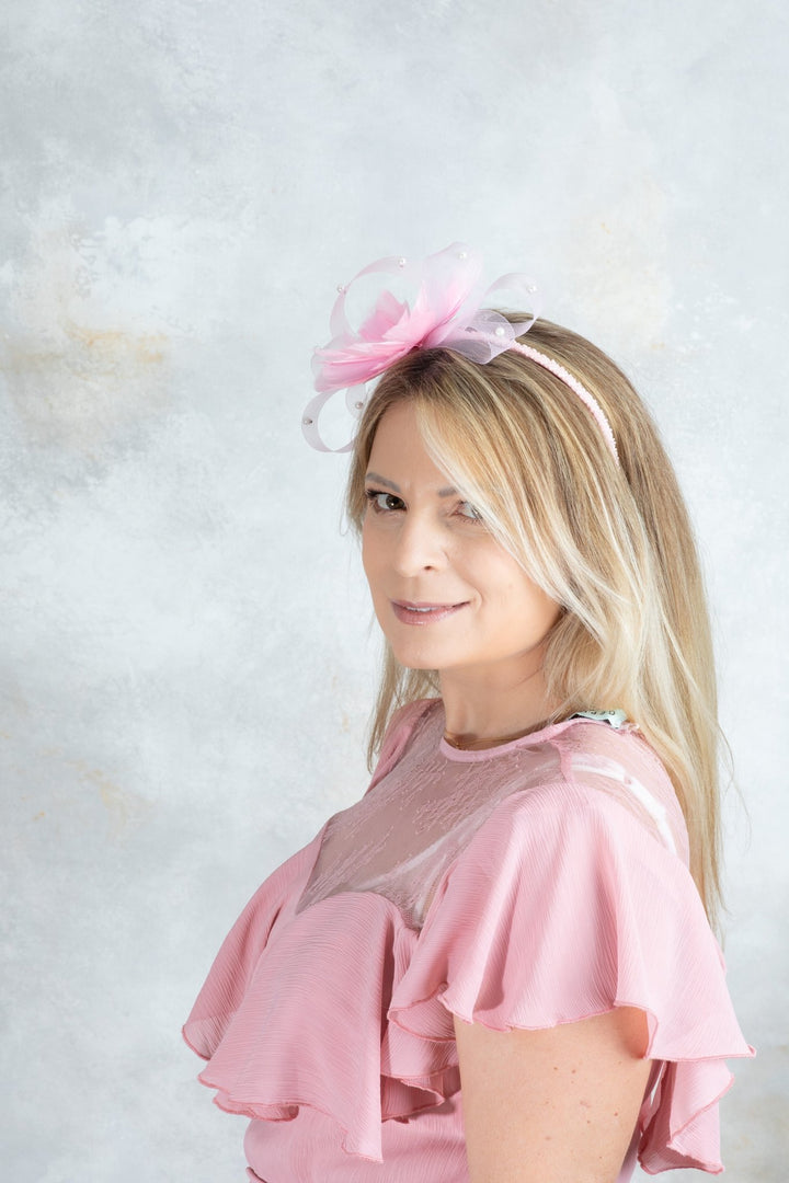 bow pink fascinator with beads - OlhaHeadband