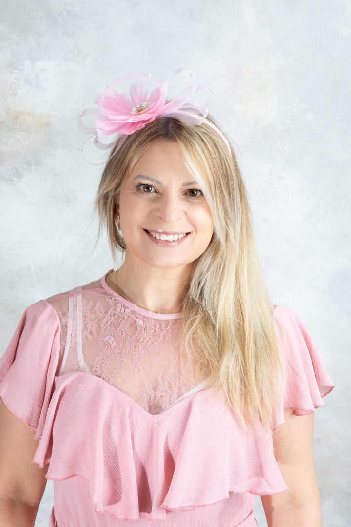 bow pink fascinator with beads - OlhaHeadband