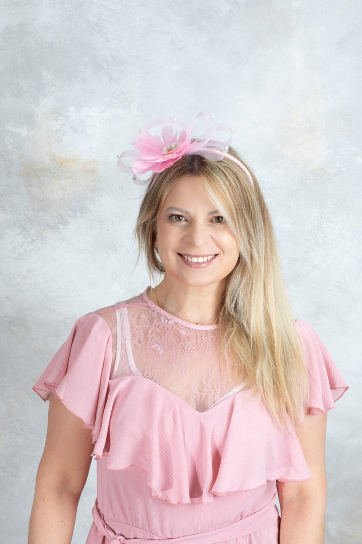 bow pink fascinator with beads - OlhaHeadband