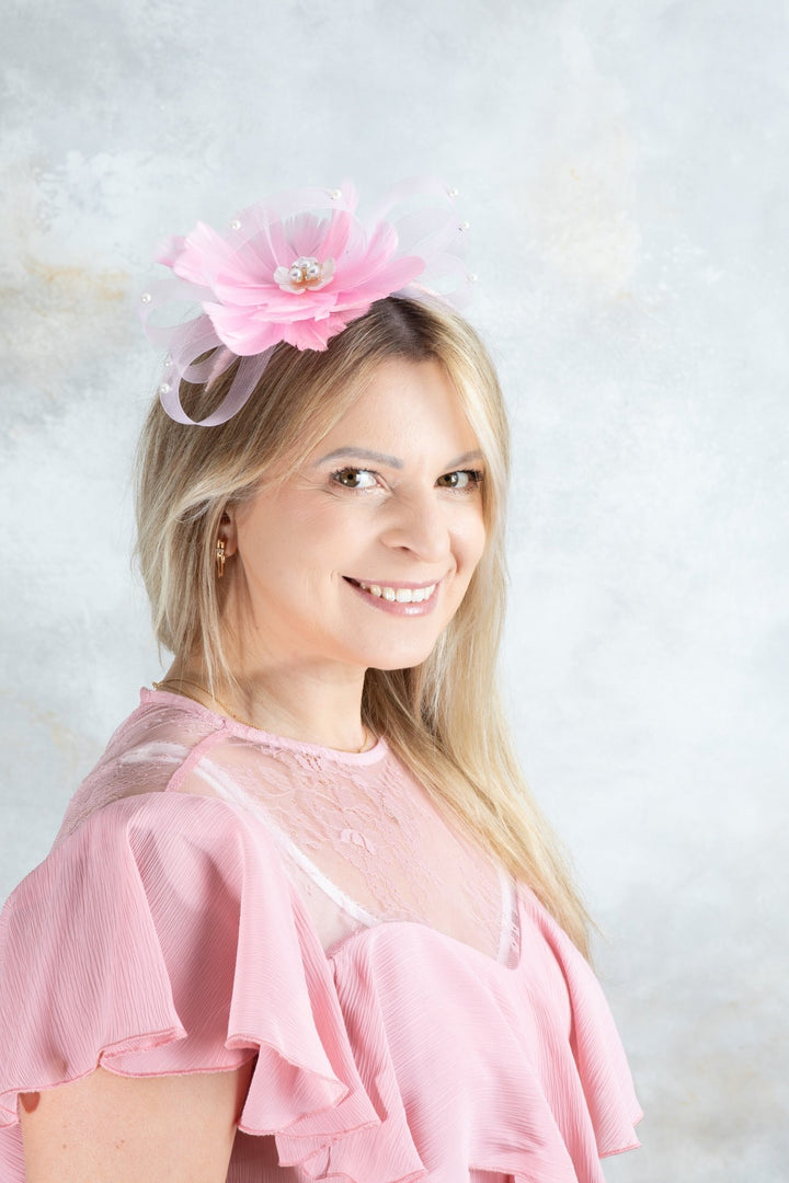 bow pink fascinator with beads - OlhaHeadband
