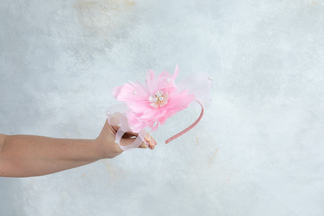 bow pink fascinator with beads - OlhaHeadband