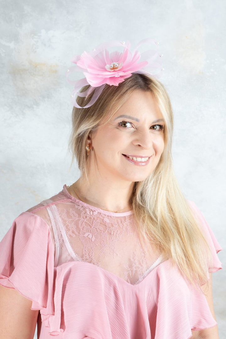 bow pink fascinator with beads - OlhaHeadband