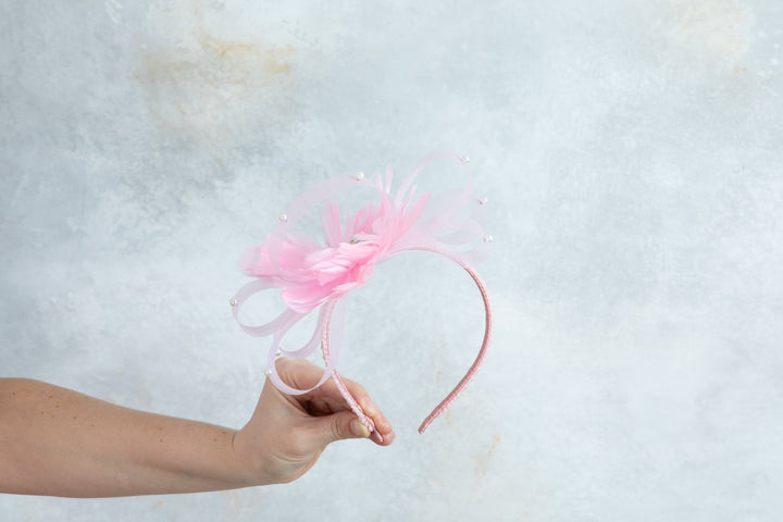 bow pink fascinator with beads - OlhaHeadband