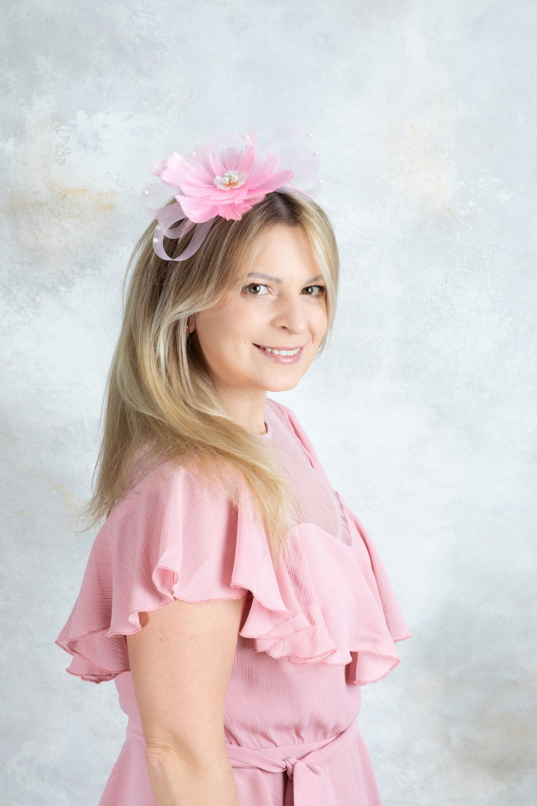 bow pink fascinator with beads - OlhaHeadband