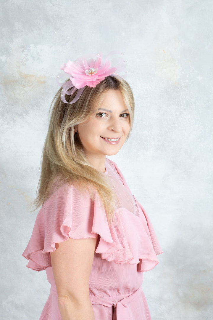 bow pink fascinator with beads - OlhaHeadband