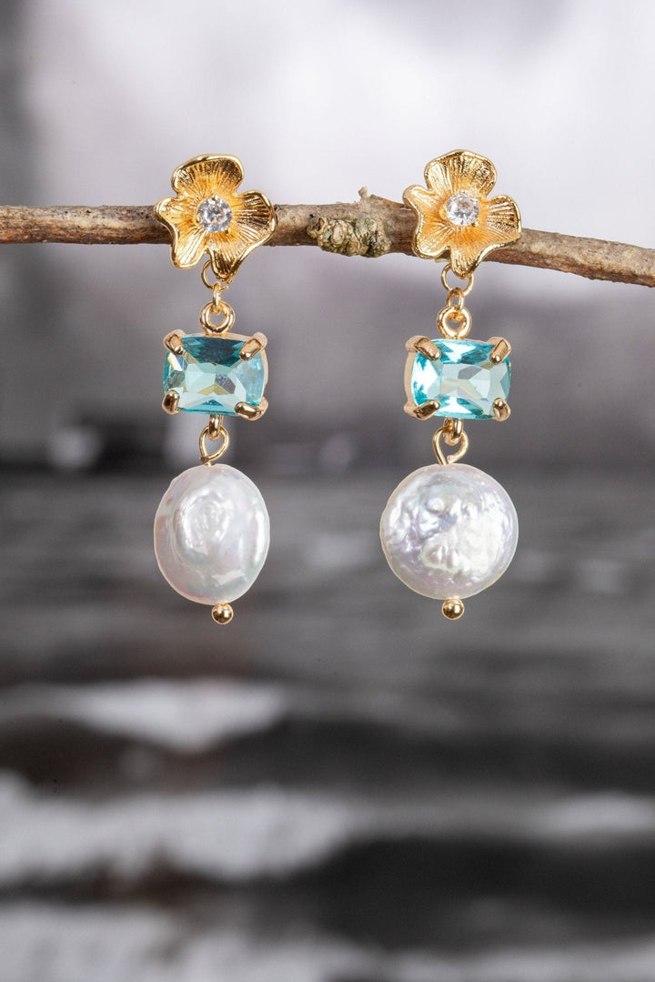 Bridal Earrings with Flower Stud, Blue Crystal & Pearl Cascade - OlhaHeadband