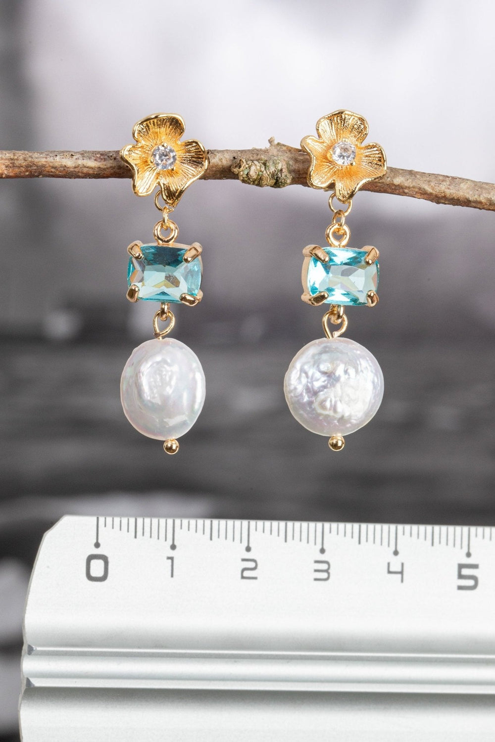 Bridal Earrings with Flower Stud, Blue Crystal & Pearl Cascade - OlhaHeadband