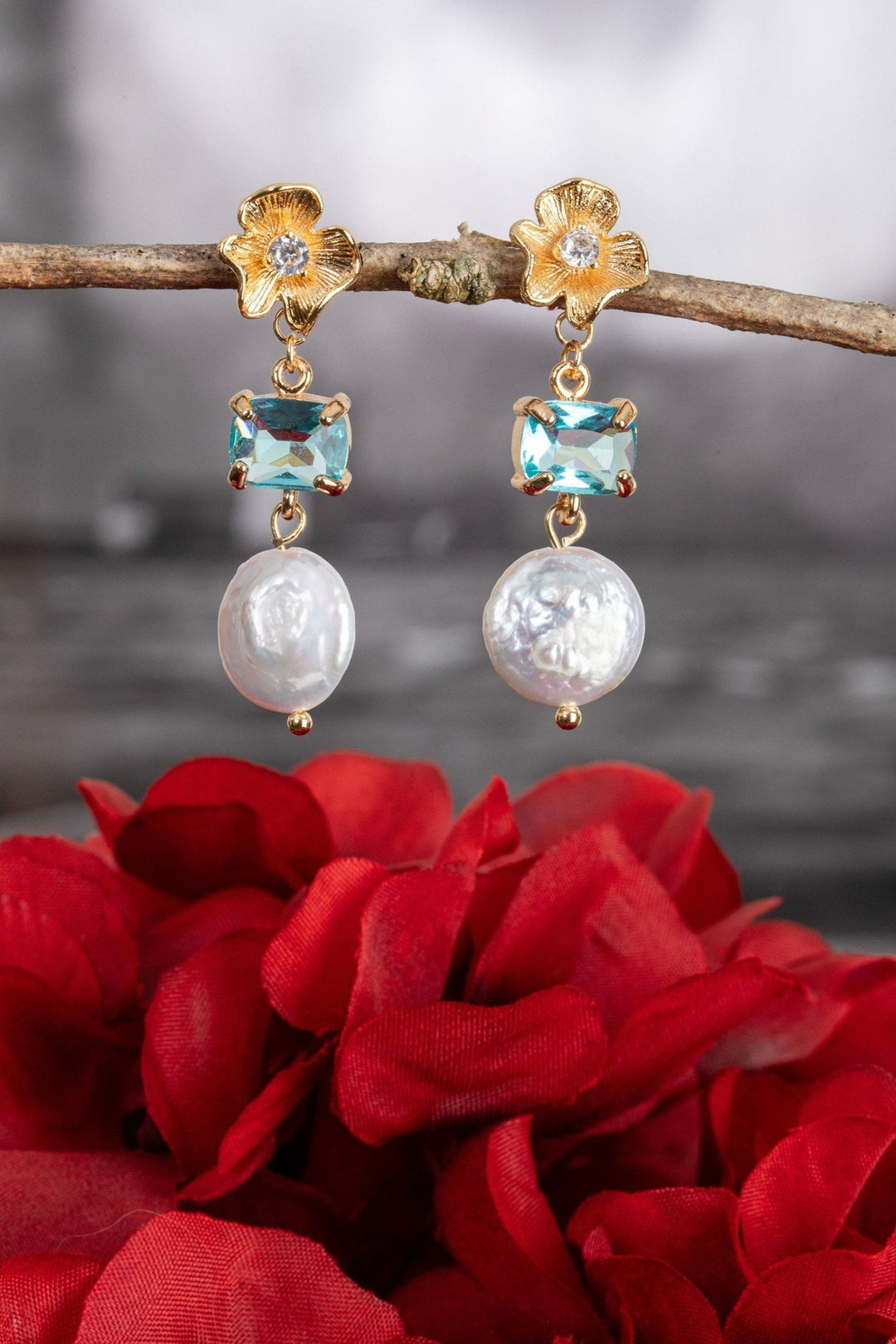 Bridal Earrings with Flower Stud, Blue Crystal & Pearl Cascade - OlhaHeadband