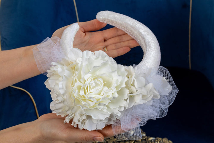 Bridal Floral Headband Large Ivory White Wedding Halo - OlhaHeadband