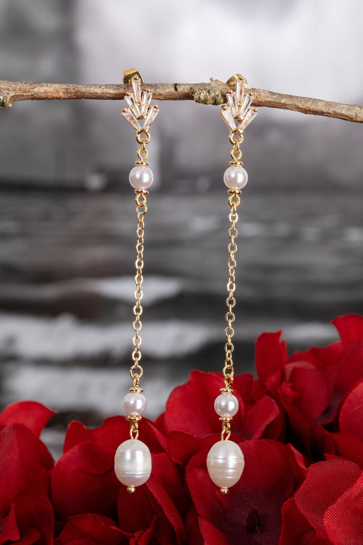 Bridal Pearl Dangle Earrings with Cubic Zirconia & Gold Chain - OlhaHeadband