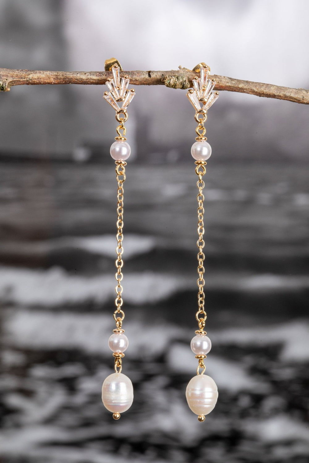 Bridal Pearl Dangle Earrings with Cubic Zirconia & Gold Chain - OlhaHeadband