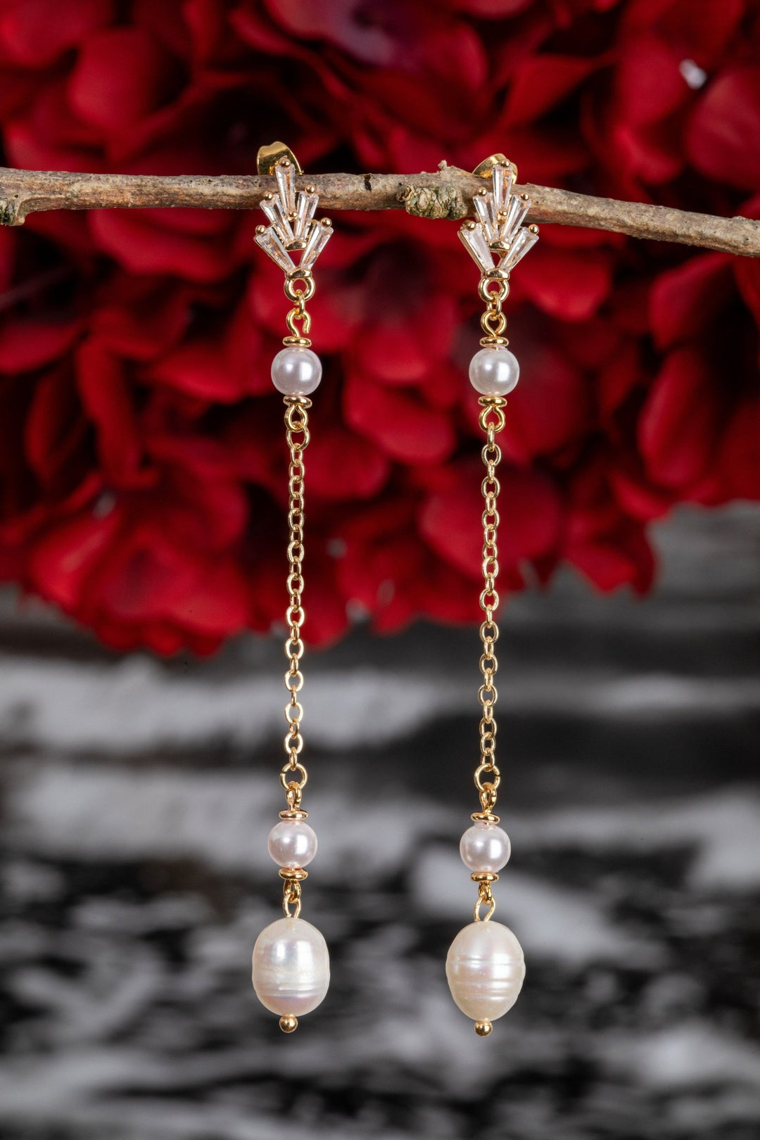 Bridal Pearl Dangle Earrings with Cubic Zirconia & Gold Chain - OlhaHeadband