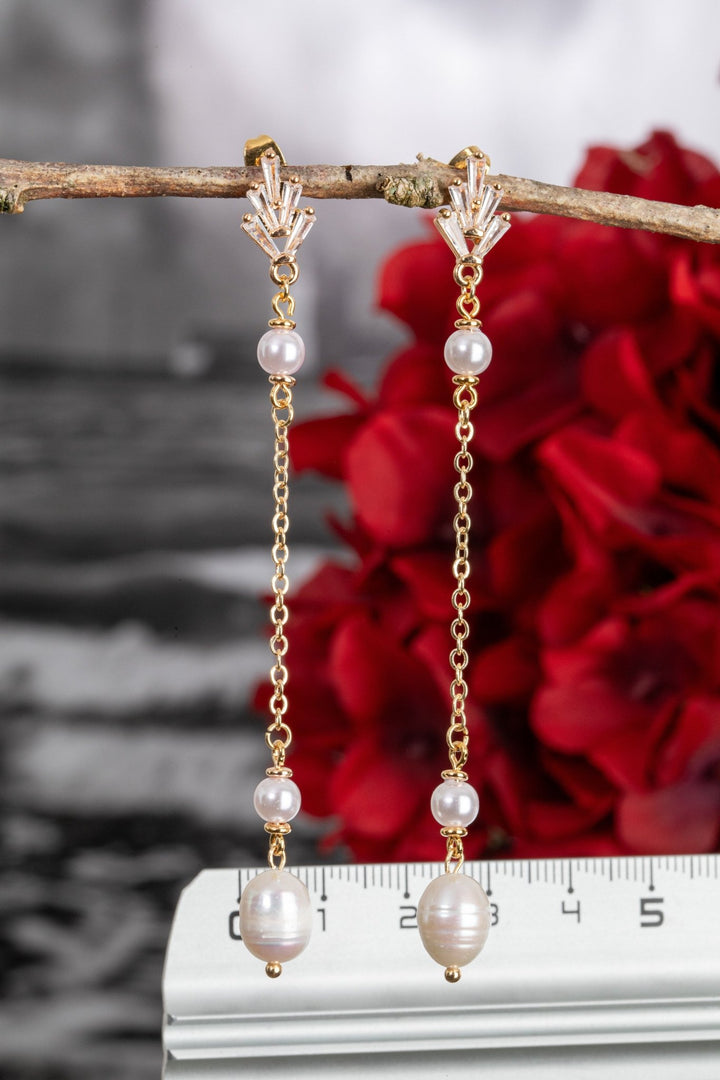 Bridal Pearl Dangle Earrings with Cubic Zirconia & Gold Chain - OlhaHeadband