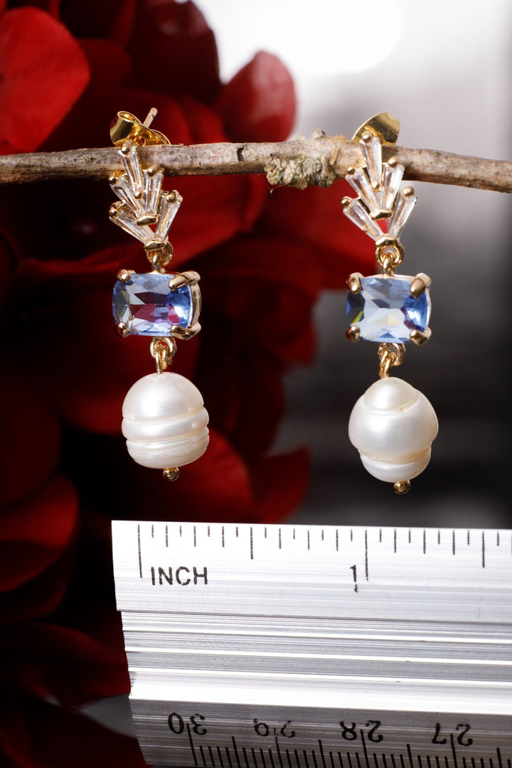 Bridal Pearl Drop Earrings with Cubic Zirconia & Blue Crystal - OlhaHeadband