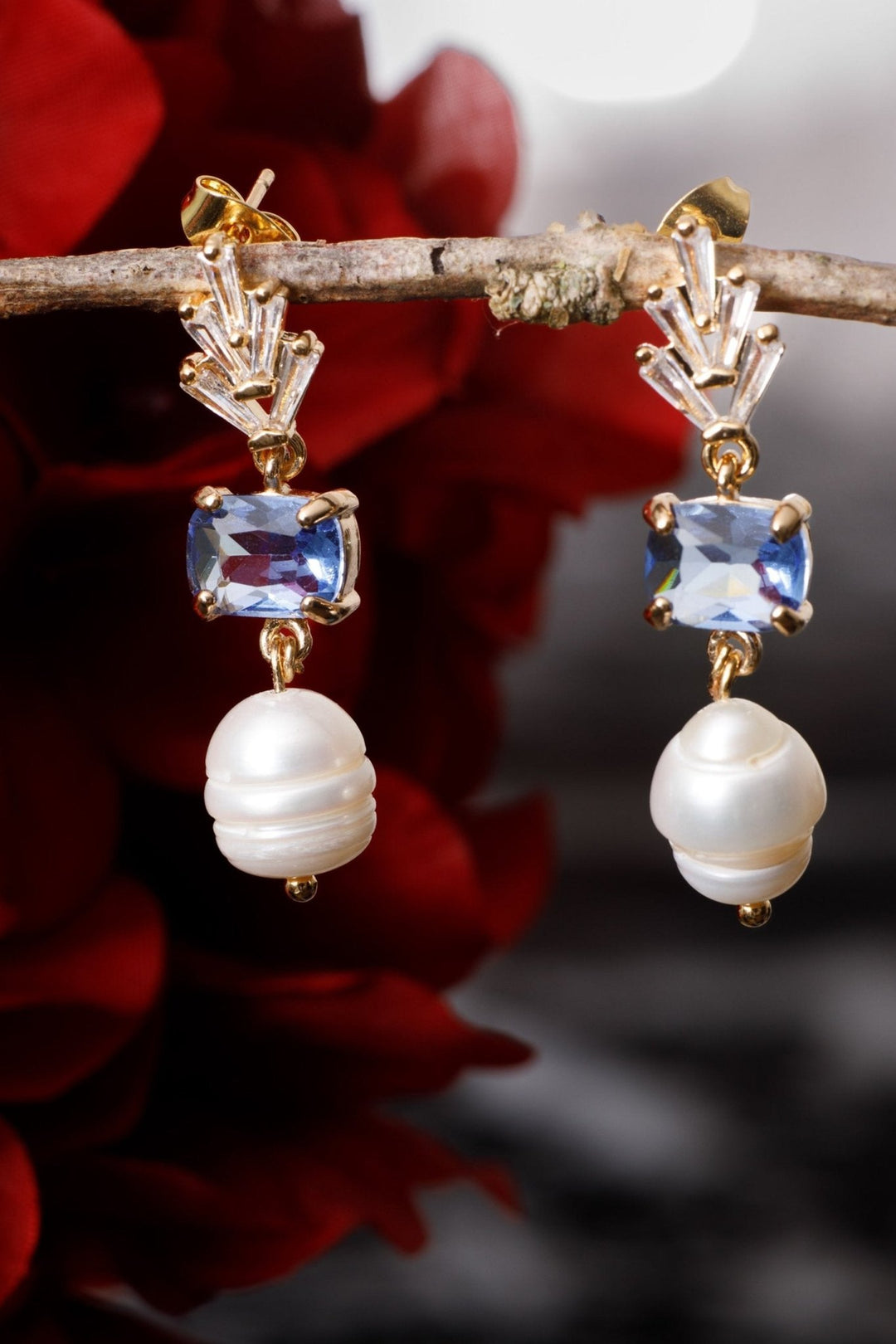 Bridal Pearl Drop Earrings with Cubic Zirconia & Blue Crystal - OlhaHeadband