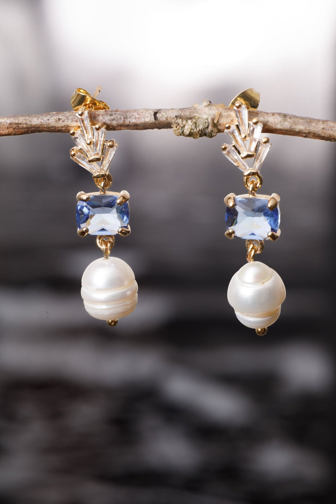 Bridal Pearl Drop Earrings with Cubic Zirconia & Blue Crystal - OlhaHeadband