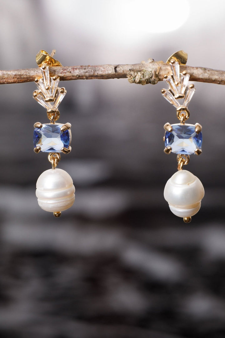 Bridal Pearl Drop Earrings with Cubic Zirconia & Blue Crystal - OlhaHeadband