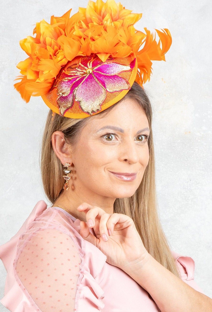 Bright orange mini hat with pink embroidered - OlhaHeadband