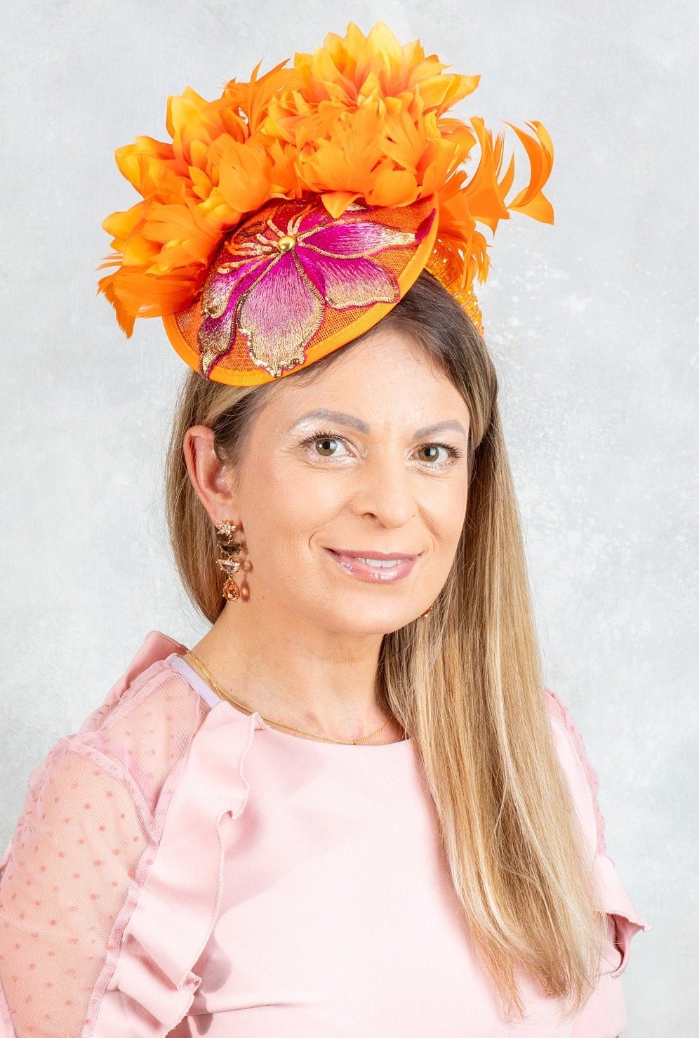 Bright orange mini hat with pink embroidered - OlhaHeadband