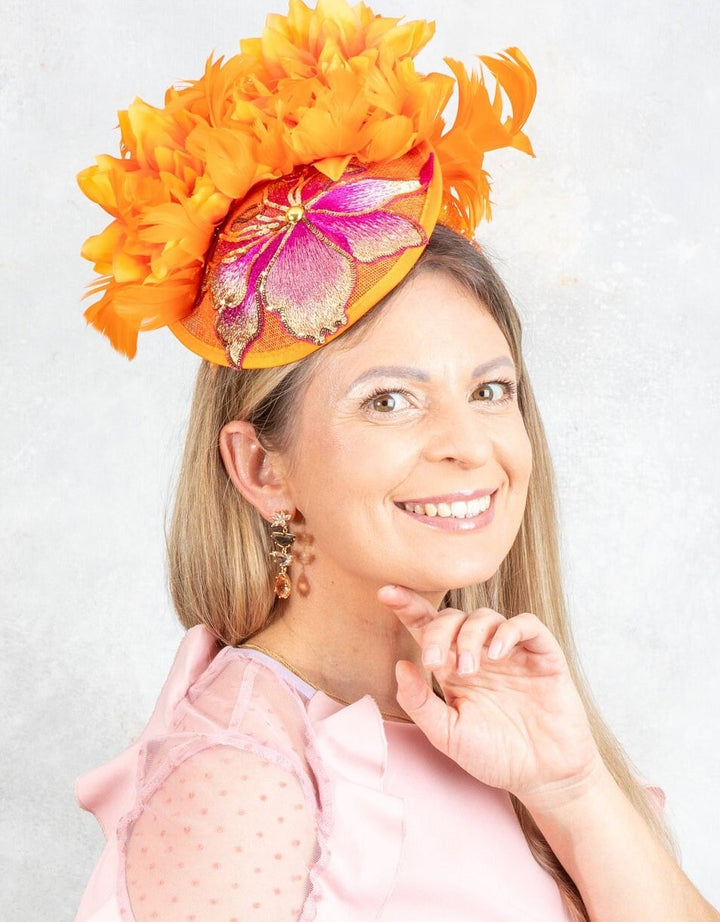 Bright orange mini hat with pink embroidered - OlhaHeadband