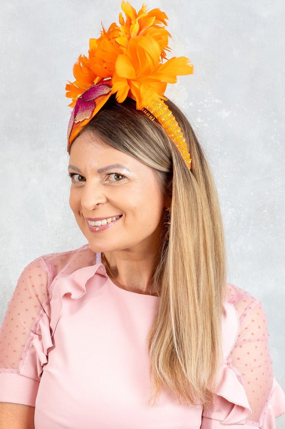 Bright orange mini hat with pink embroidered - OlhaHeadband