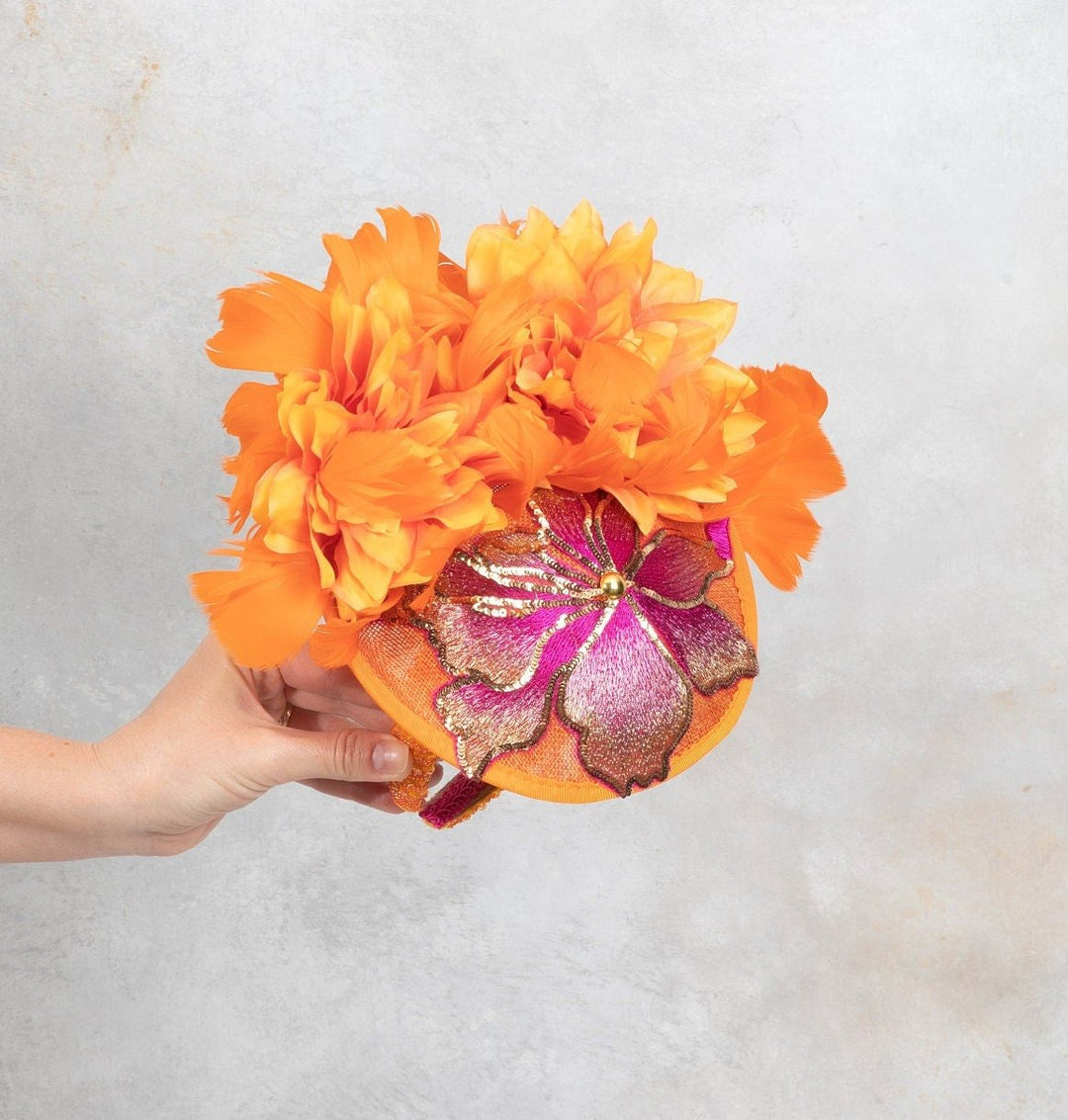 Bright orange mini hat with pink embroidered - OlhaHeadband