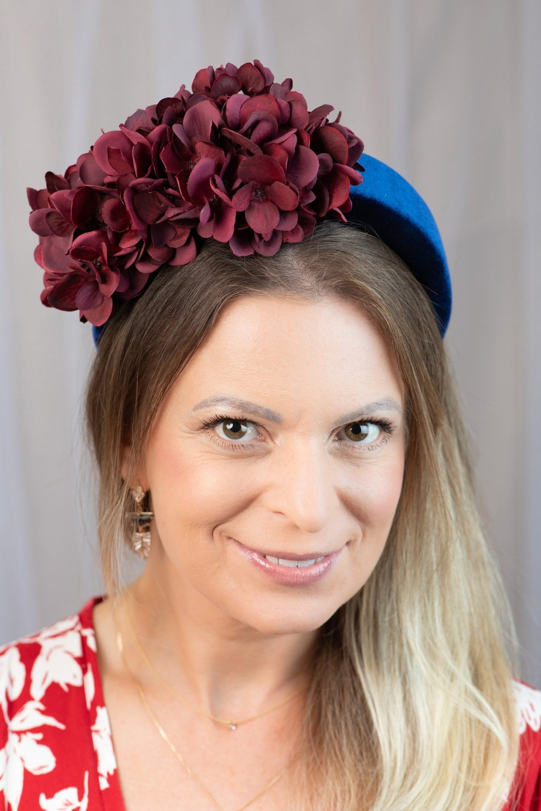Burgundy Hydrangea Padded Fascinator with Gold Brooch - OlhaHeadband