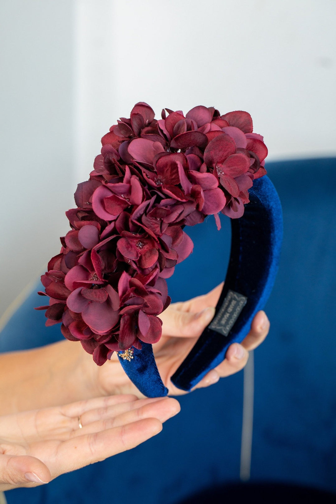 Burgundy Hydrangea Padded Fascinator with Gold Brooch - OlhaHeadband