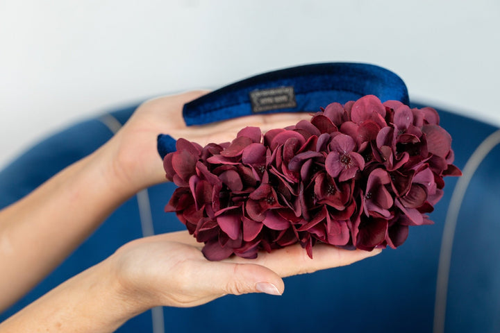 Burgundy Hydrangea Padded Fascinator with Gold Brooch - OlhaHeadband