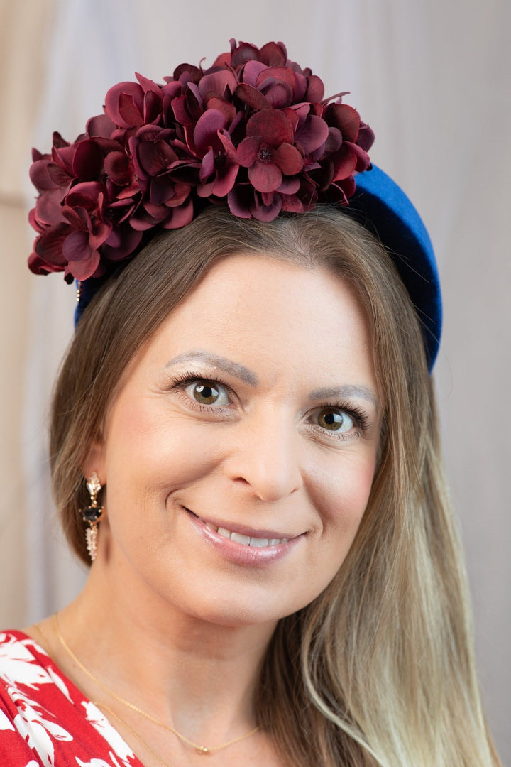 Burgundy Hydrangea Padded Fascinator with Gold Brooch - OlhaHeadband