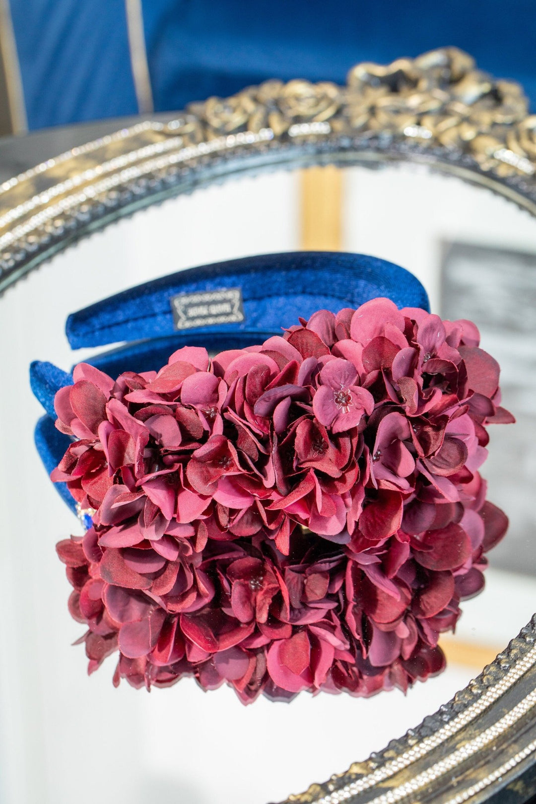 Burgundy Hydrangea Padded Fascinator with Gold Brooch - OlhaHeadband