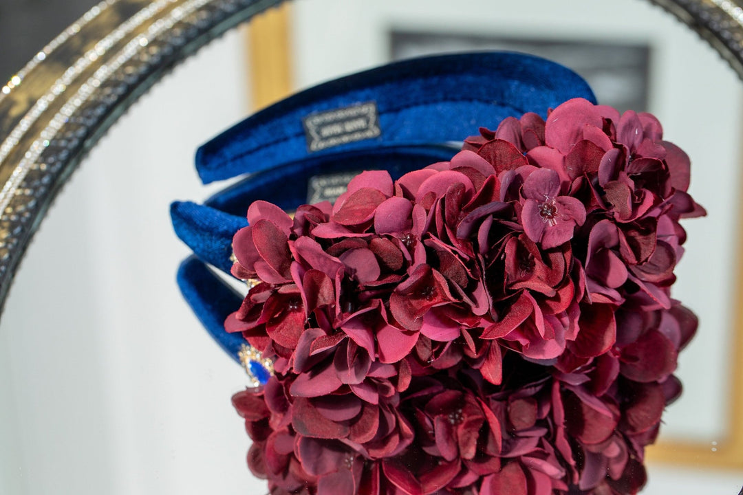 Burgundy Hydrangea Padded Fascinator with Gold Brooch - OlhaHeadband