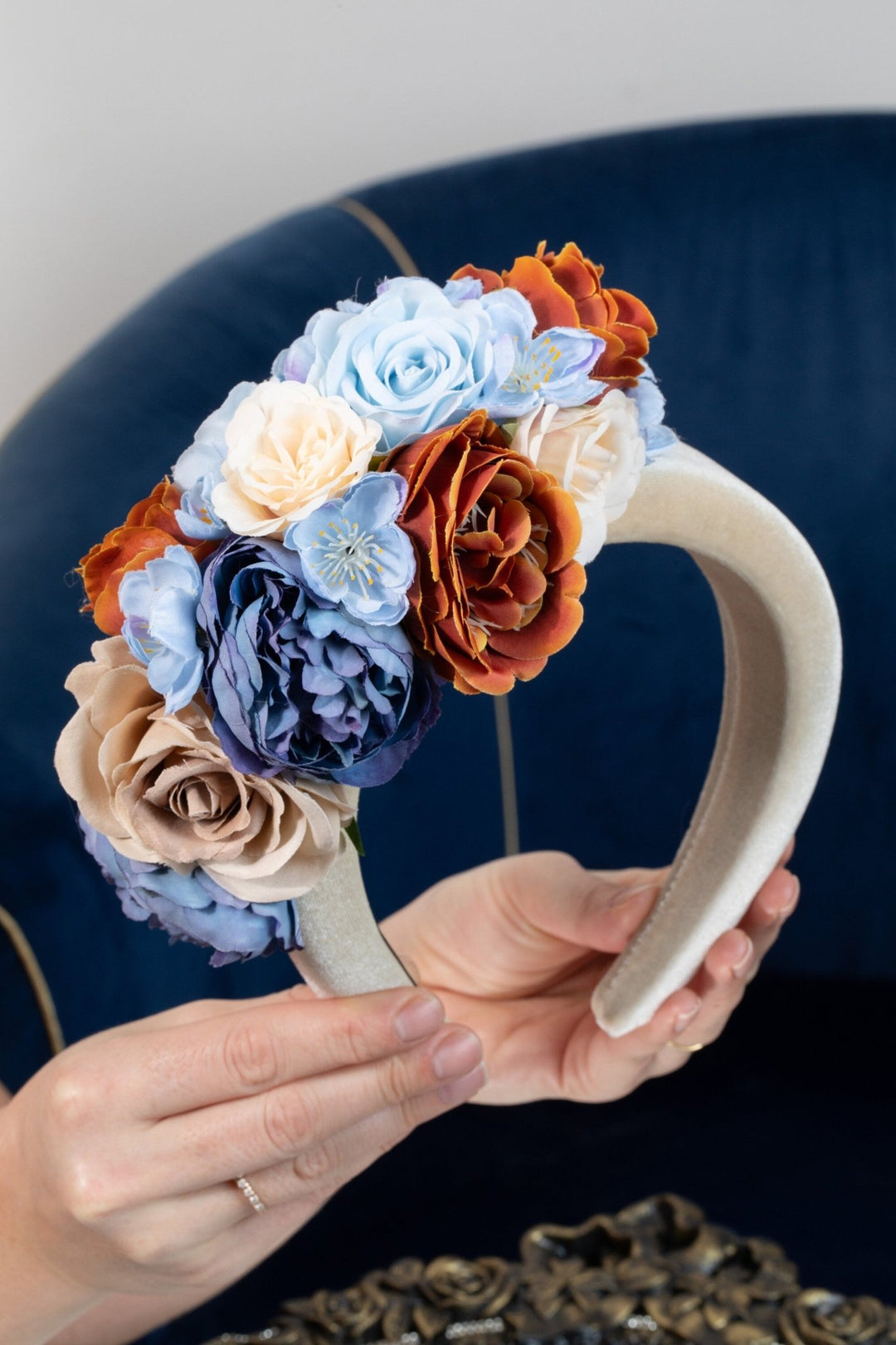 Fascinator for Weddings Beige, Blue and Orange - OlhaHeadband