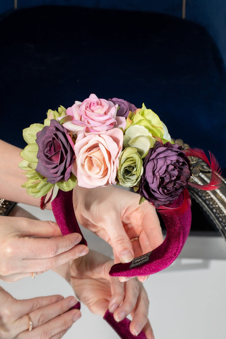 Fascinator hat Pink green Burgundy Flower - OlhaHeadband