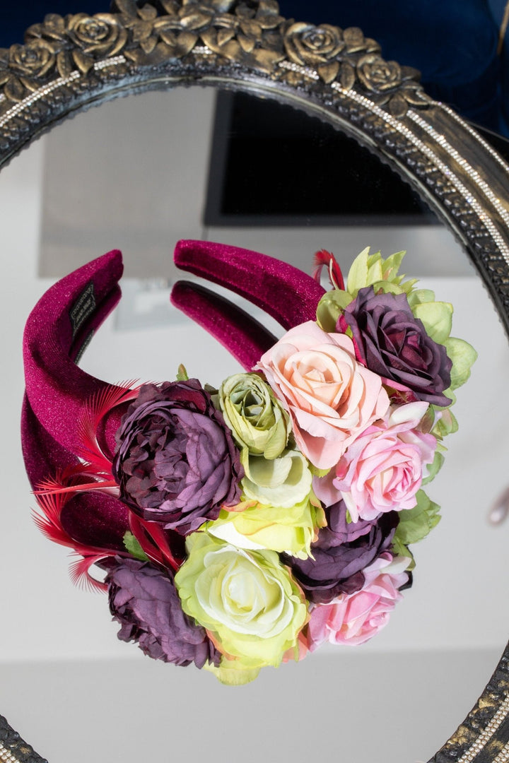 Fascinator hat Pink green Burgundy Flower - OlhaHeadband