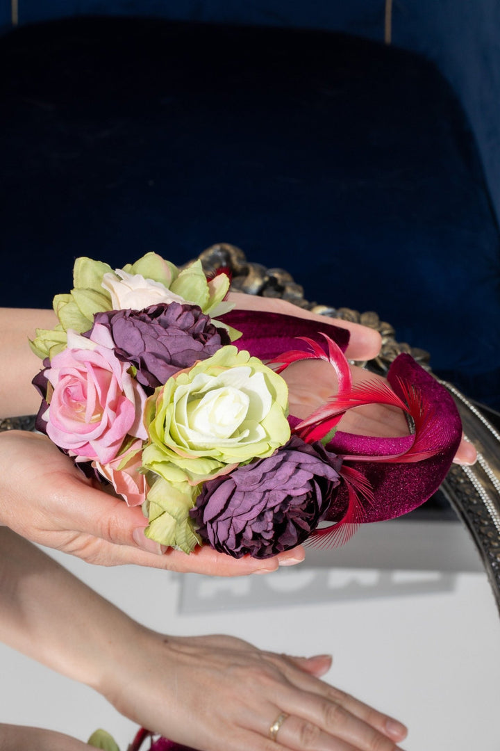 Fascinator hat Pink green Burgundy Flower - OlhaHeadband