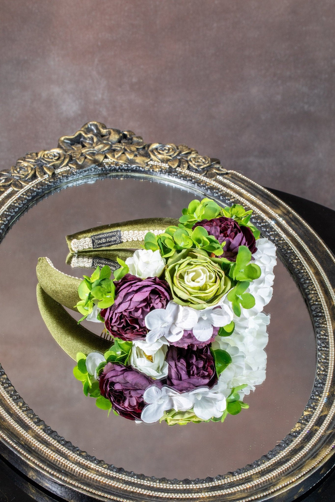 Floral Fascinator - Sage Green and Burgundy - OlhaHeadband