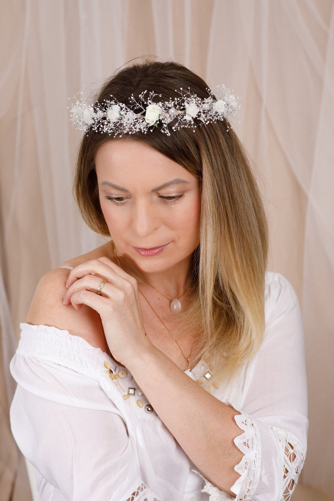 flower crown headband for Weddings - White Floral and Pearls - OlhaHeadband