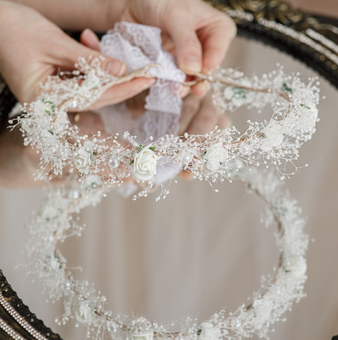 flower crown headband for Weddings - White Floral and Pearls - OlhaHeadband