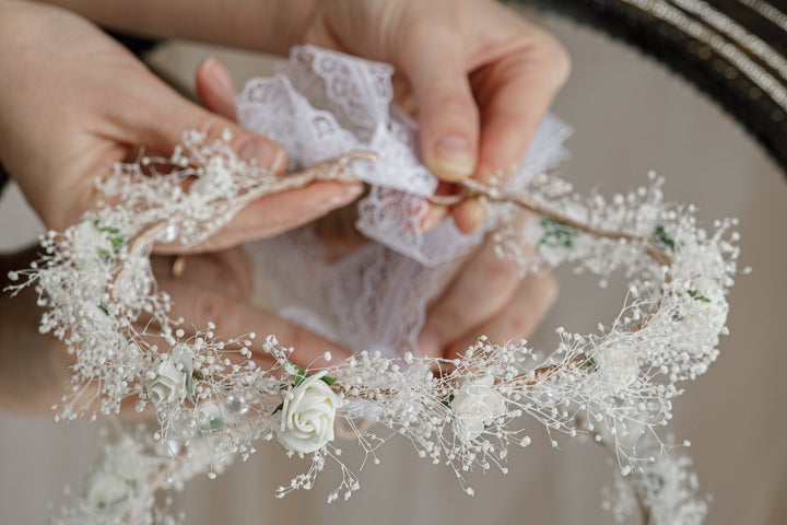 flower crown headband for Weddings - White Floral and Pearls - OlhaHeadband