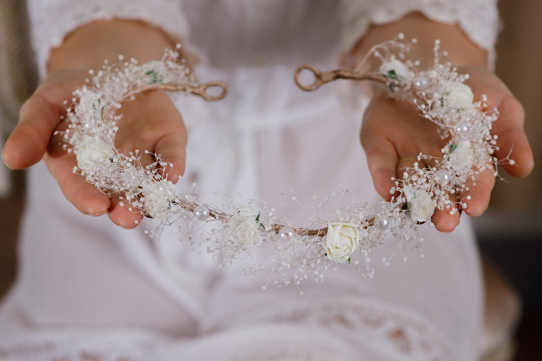 flower crown headband for Weddings - White Floral and Pearls - OlhaHeadband