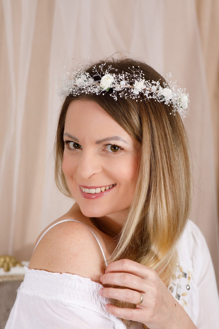 flower crown headband for Weddings - White Floral and Pearls - OlhaHeadband