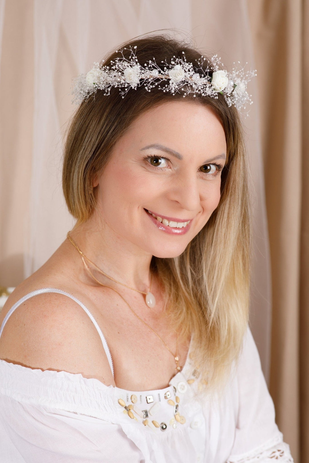 flower crown headband for Weddings - White Floral and Pearls - OlhaHeadband