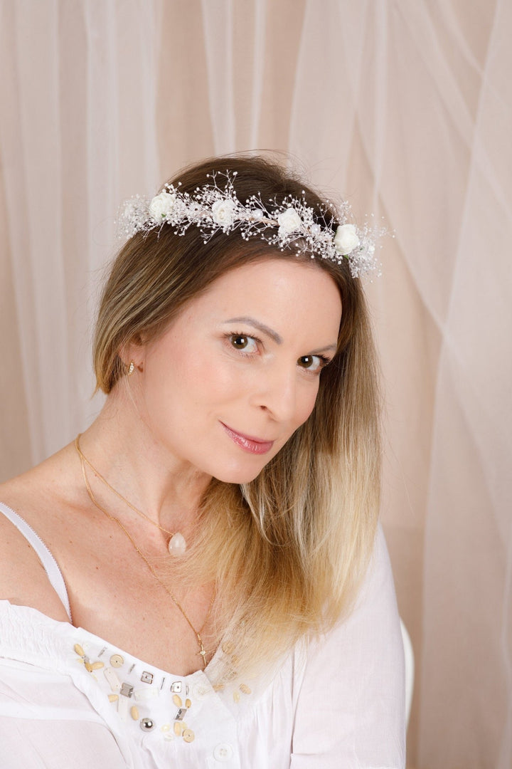 flower crown headband for Weddings - White Floral and Pearls - OlhaHeadband