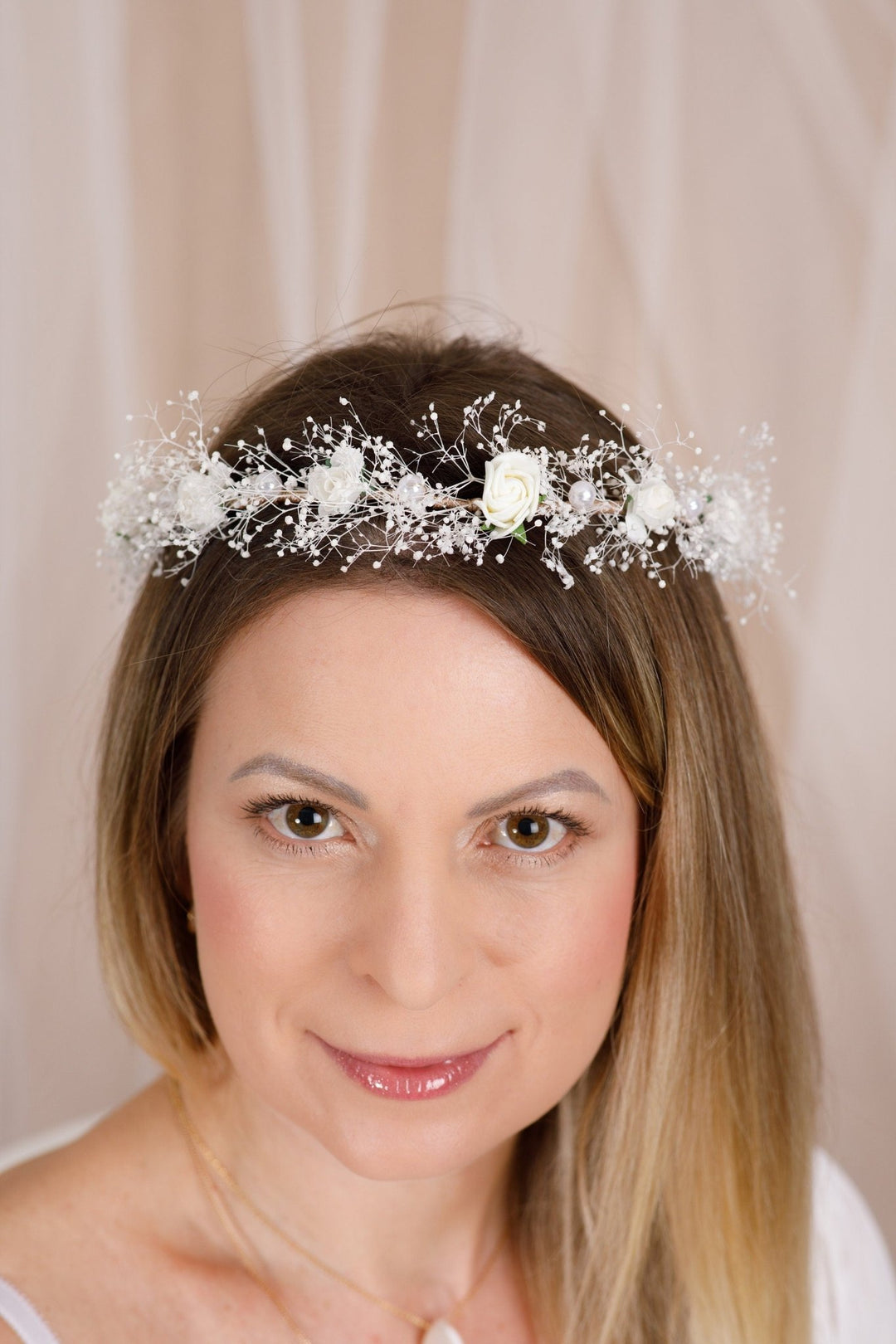 flower crown headband for Weddings - White Floral and Pearls - OlhaHeadband