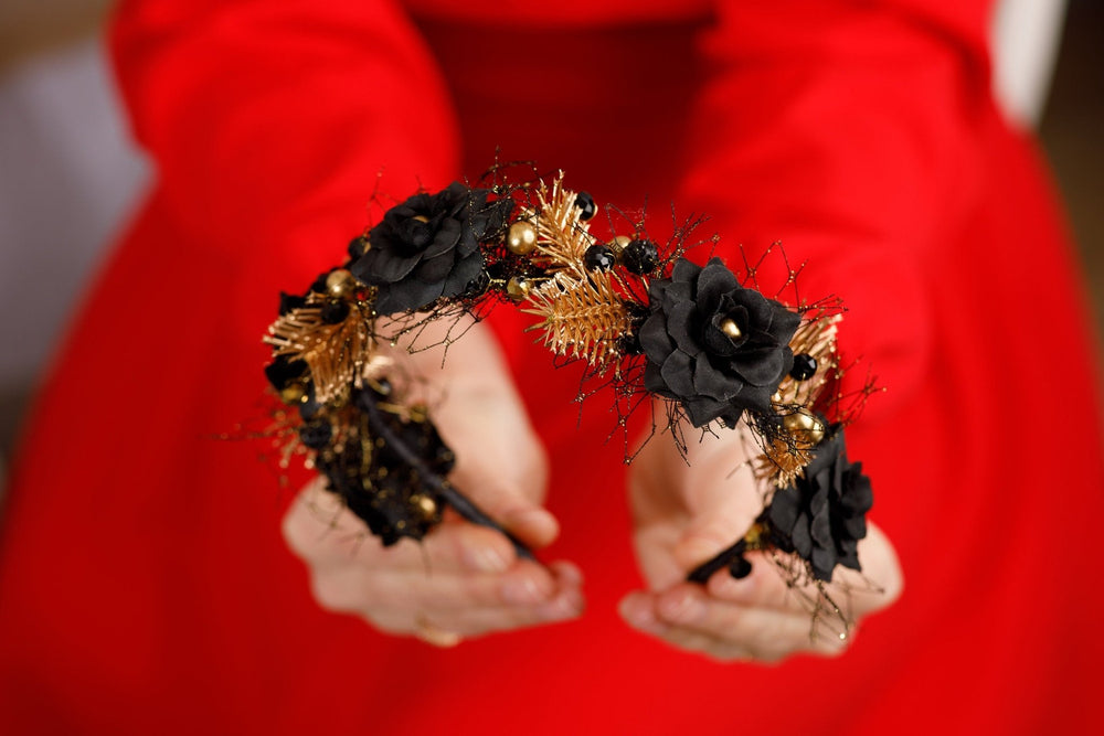 Gothic Black Flower Crown Headpiece for Weddings & Halloween - OlhaHeadband